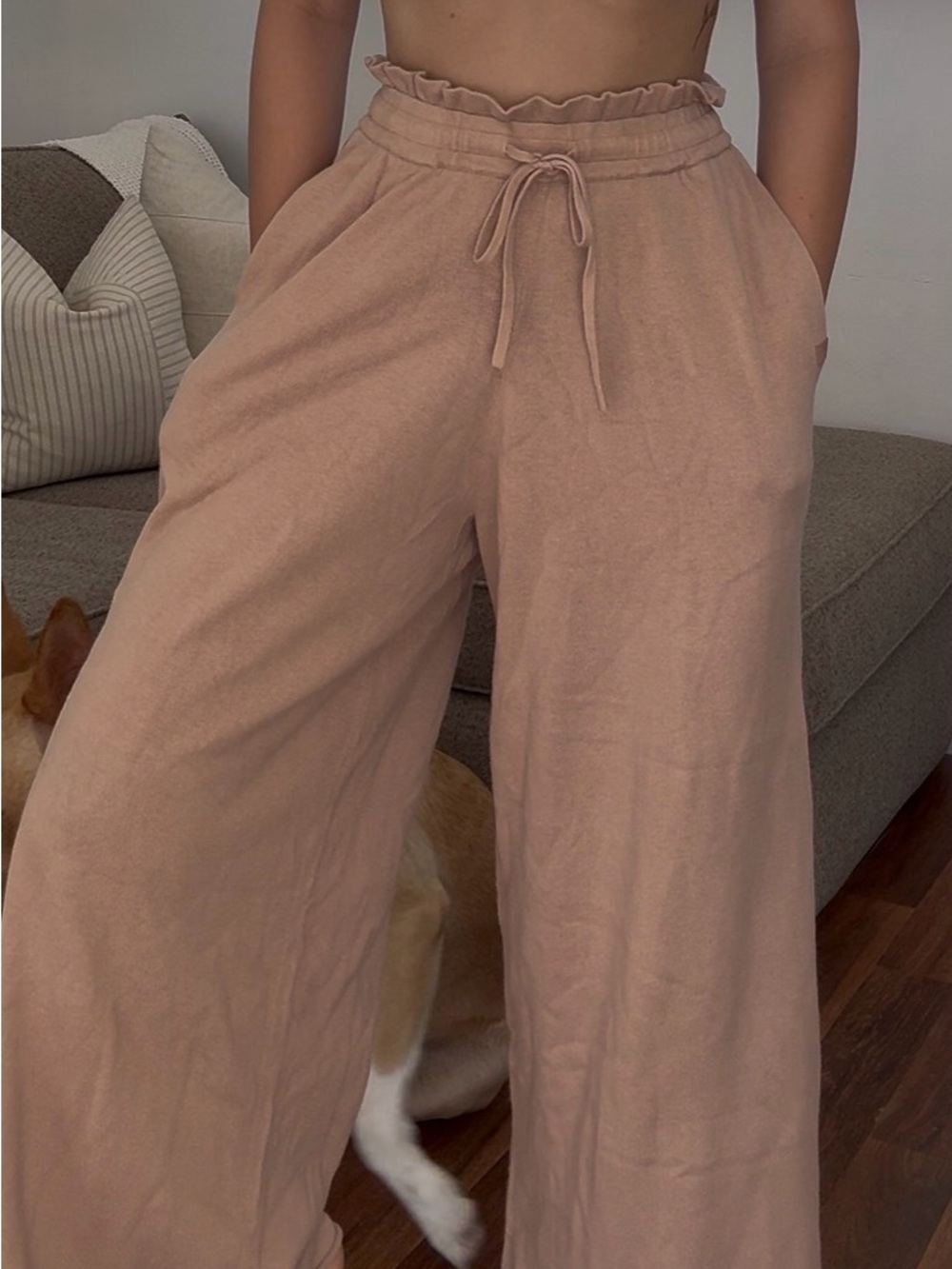 Wide-Leg Paperbag Waist Pants in Blush